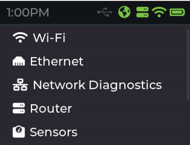 Main menu: Wi-Fi, Ethernet, Network Diagnostics, Router, Sensors