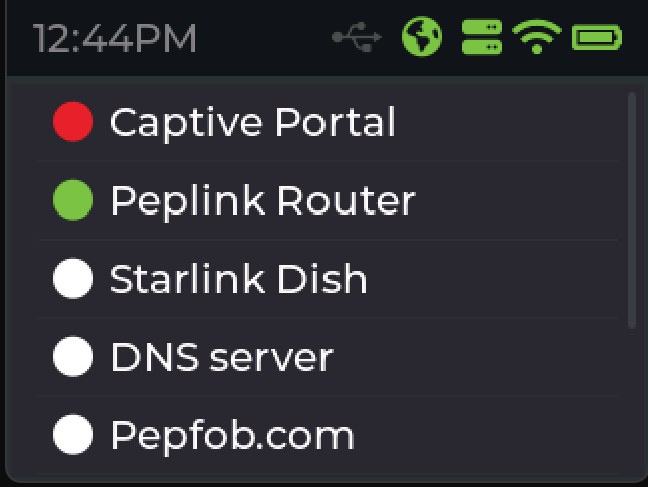 Connectivity checks: captive portal, Peplink router, Starlink dish, DNS