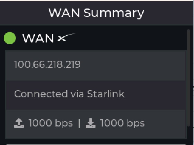 WAN Summary: connected via Starlink with live throughput